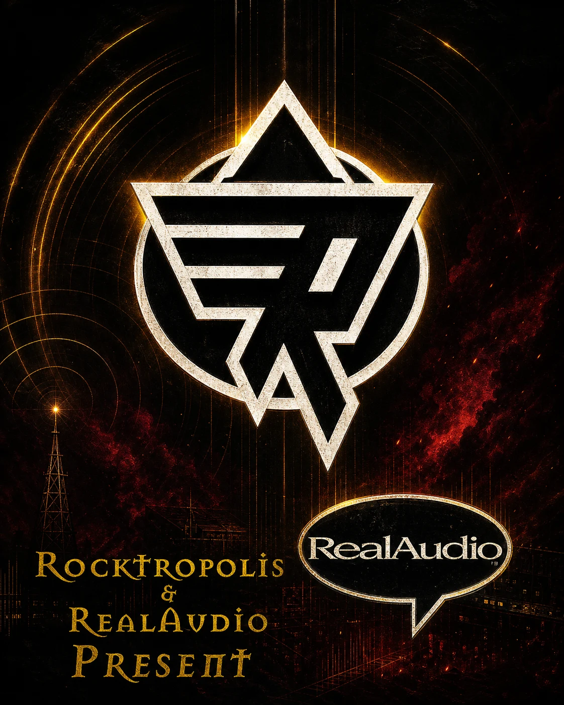 A glowing angular Rocktropolis radio emblem in a dark concert atmosphere