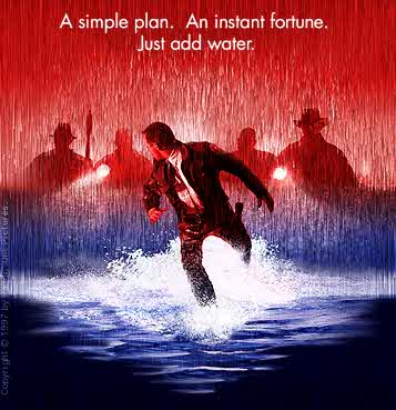A figure running through a flooded street under red storm clouds