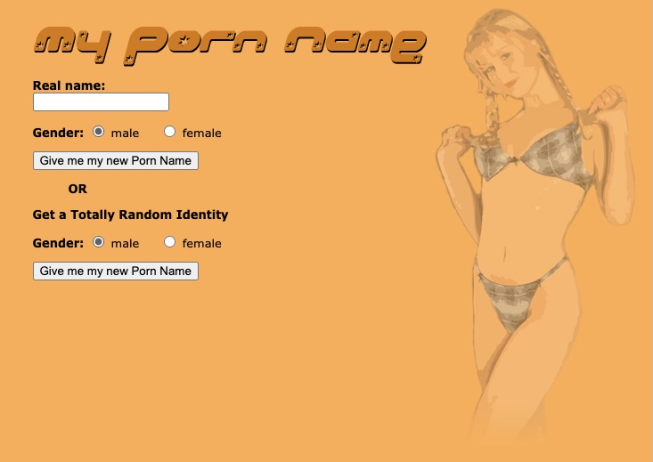 The orange My Porn Name generator with its original illustrated figure and form